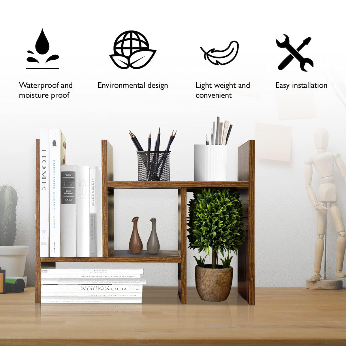 BROWN-BROWN Adjustable Wood Desk Shelf Organizer Office Home Multipurpose Desktop Shelf, Display