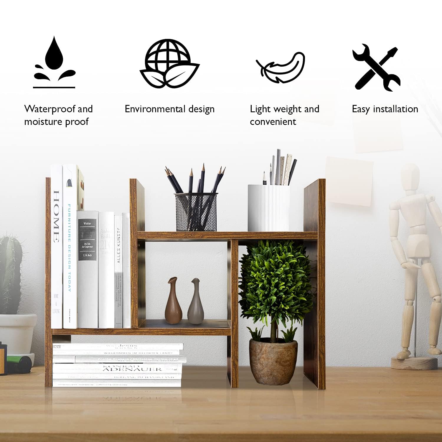 BROWN-BROWN Adjustable Wood Desk Shelf Organizer Office Home Multipurpose Desktop Shelf, Display