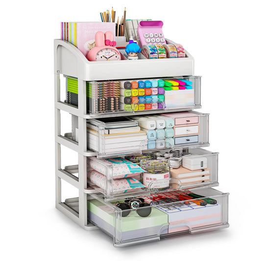 Desk Organizer with 4 Drawer Storage, Desktop Drawers Organizer for Office/School Supplies, Plastic