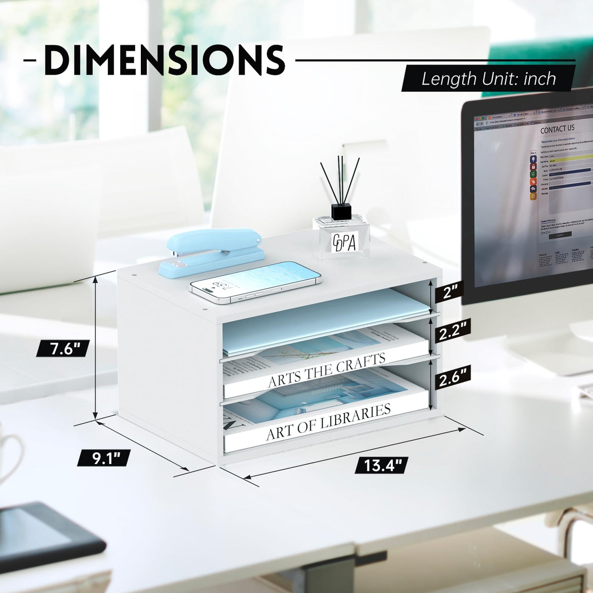 3 Tier Wood Desk Organizer, Mail Sorter and Paper Organizer for Desk, White