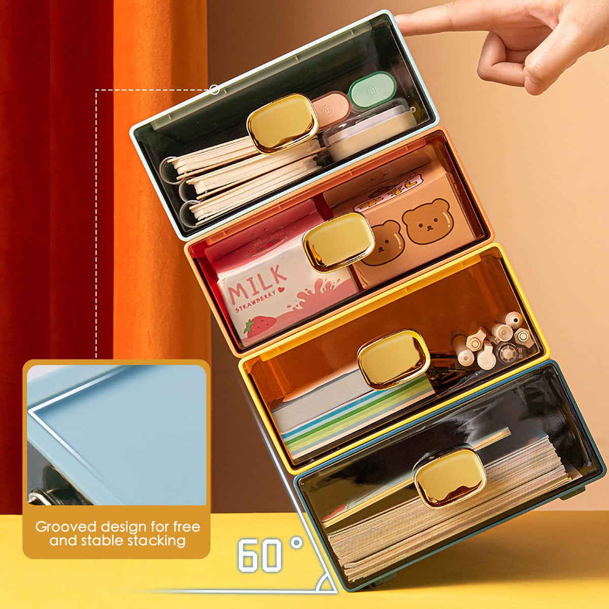 DETEIN 2PACK Stackable Storage Drawers for Desktop 6.5Wx9Lx3H Plastic Desk Organizer with Drawer