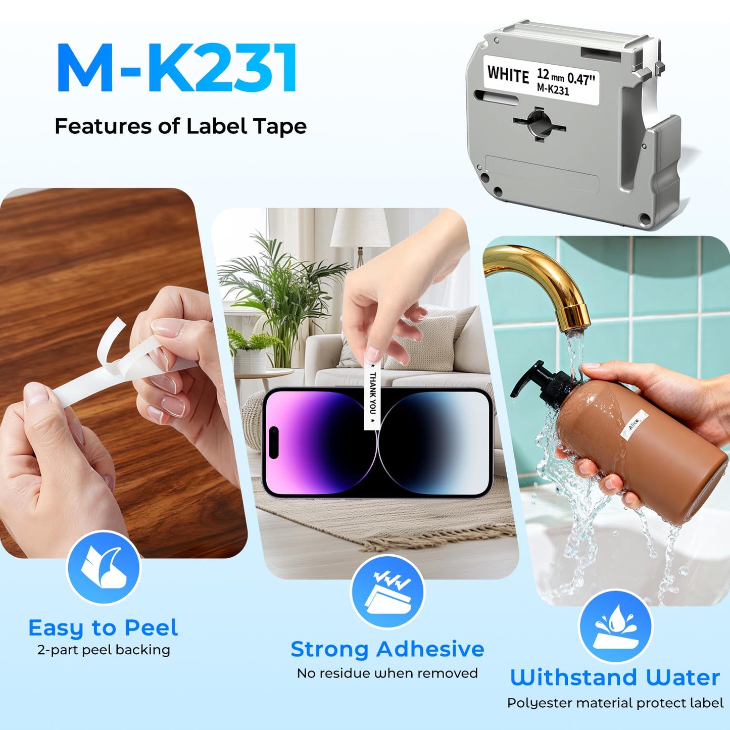 Labelife M-K231 MK231 Label Tape White Replace for Brother M Tape 12mm 0.47