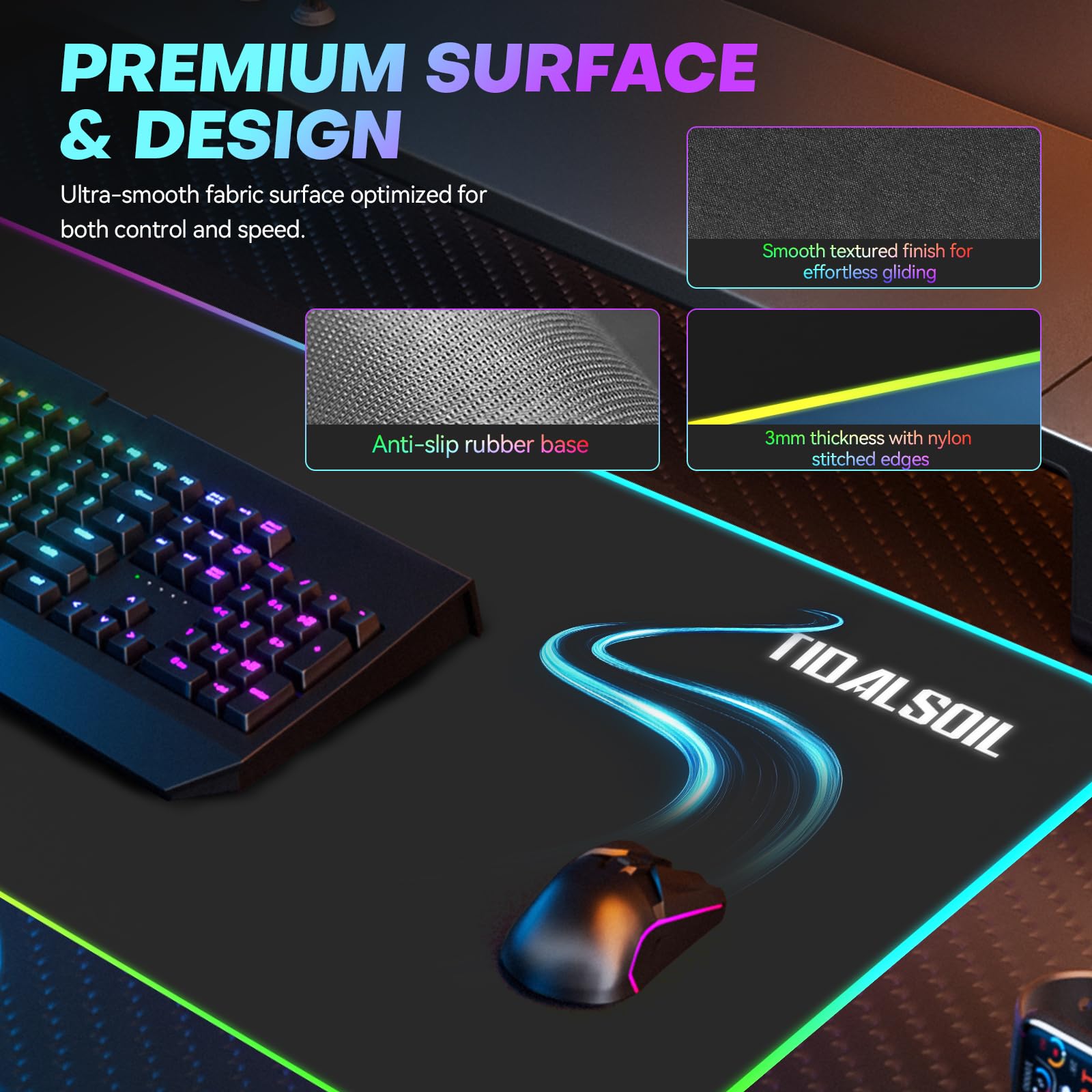 TIDALSOIL RGB Gaming Mouse Pad, 15W Wireless Charger Desk Mat 27.6x11.8 in
