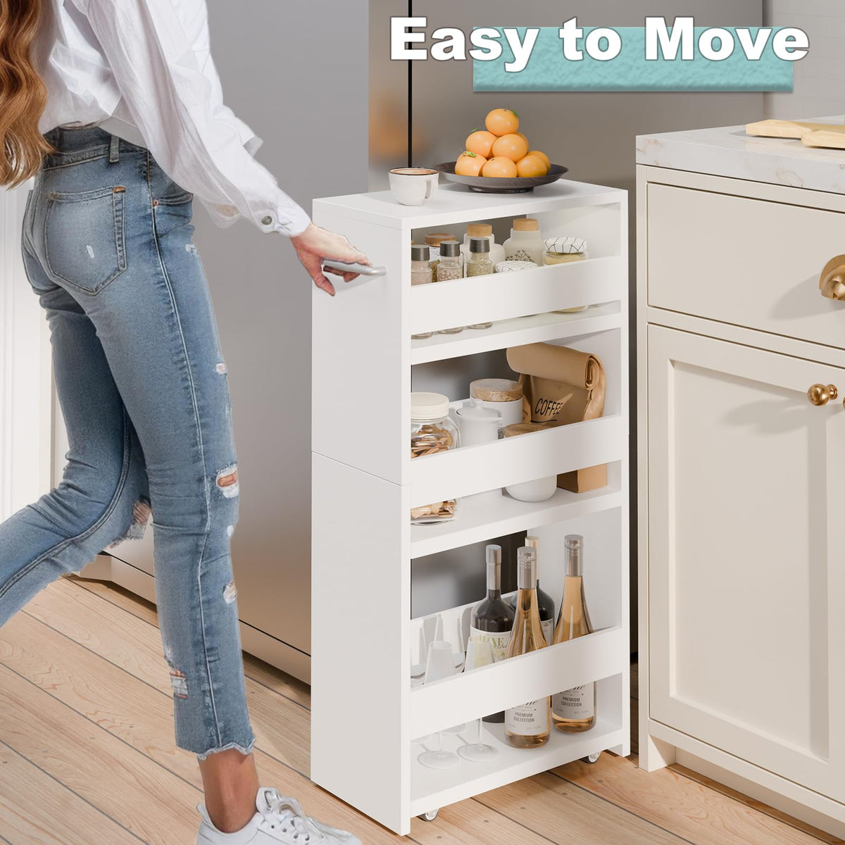 MARTY Slim Rolling Storage Cart, Wood Utility Kitchen Bathroom Laundry Cart