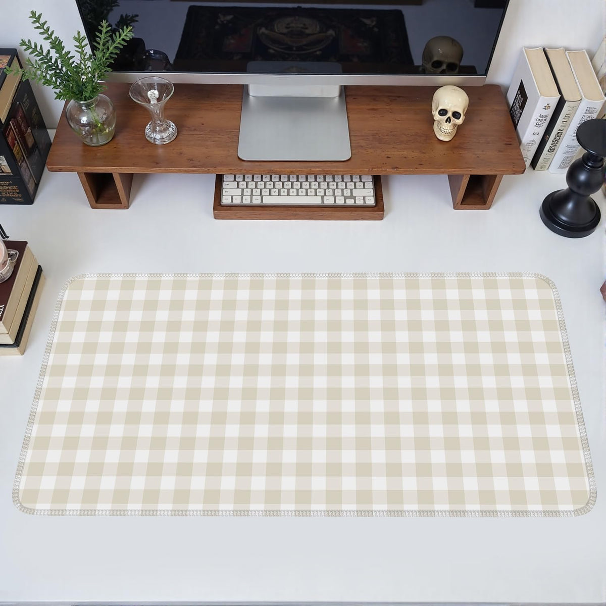 Beige Checkered Gingham Desk Mat Pad XXL Large Mouse Pad