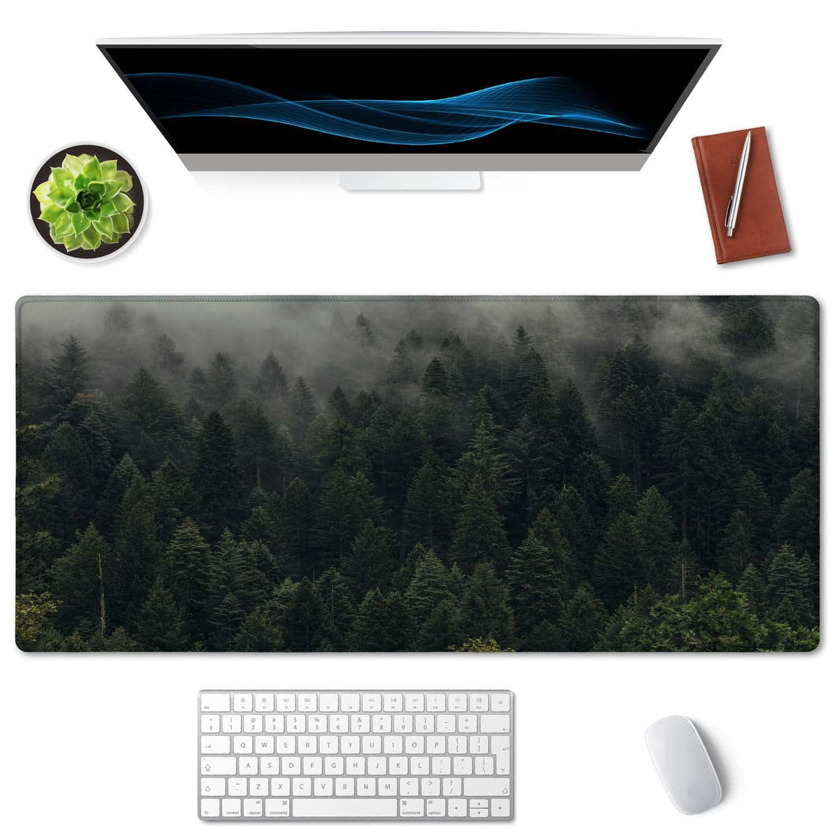 SSOIU Pine Trees Desk Pad, Extended Gaming Mouse Pad (35.5x15.7 in), Large Non-Slip Rubber Base