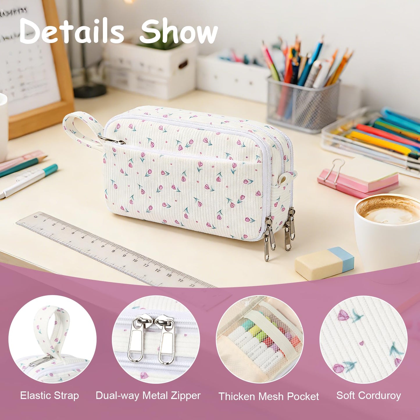 BuyCard Big Capacity Pencil Case, Corduroy Fabric, White with Purple Floral Pattern, Pencil Bag