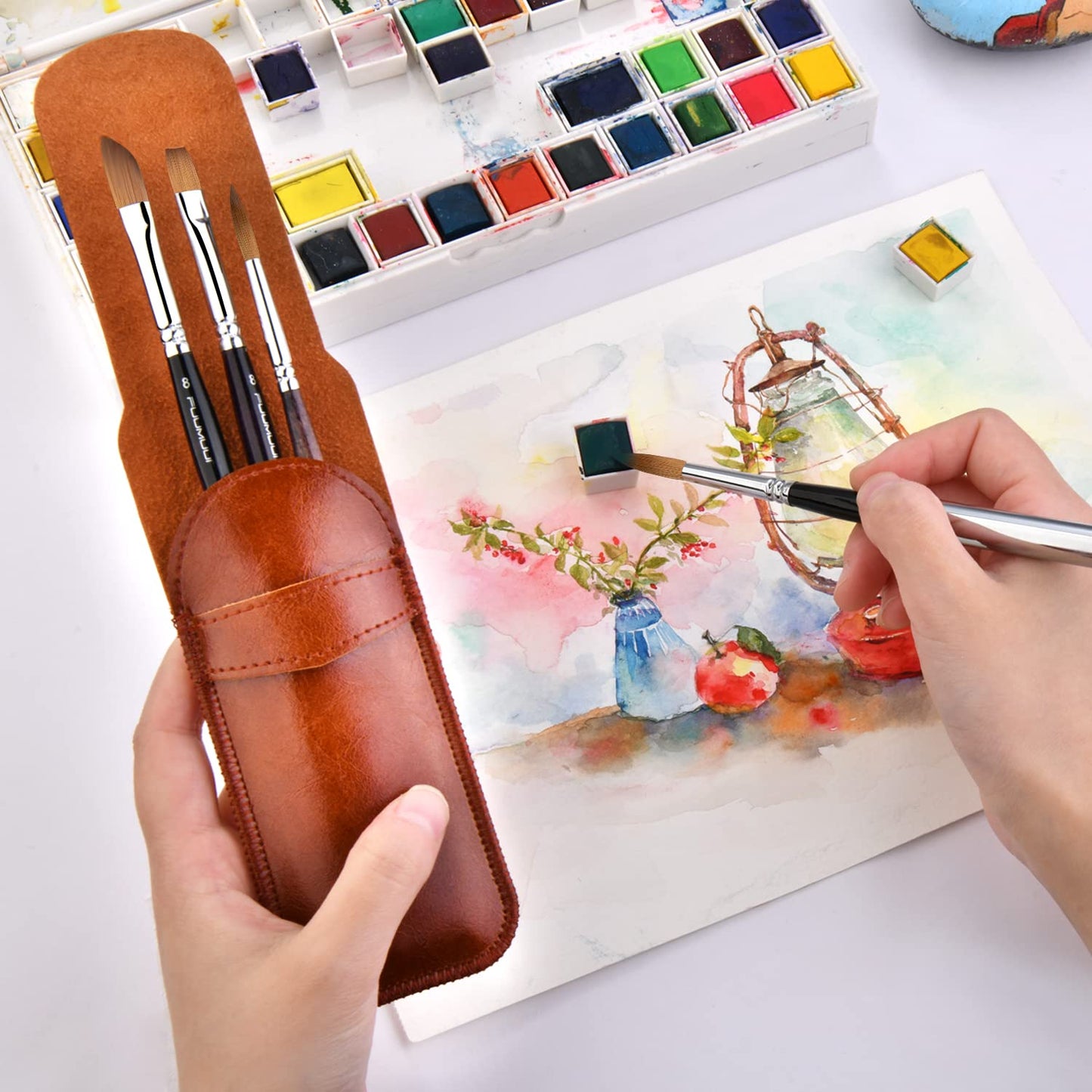 Sable Travel Watercolor Brushes, Fuumuui 4pcs Kolinsky Sable Watercolor Travel Brushes with Leather