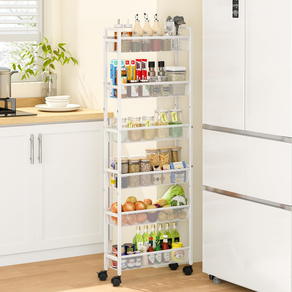 ThreeHio 6 Tier Slim Storage Cart, Narrow Cart with Wheels, Metal Mobile Shelving Unit Organizer