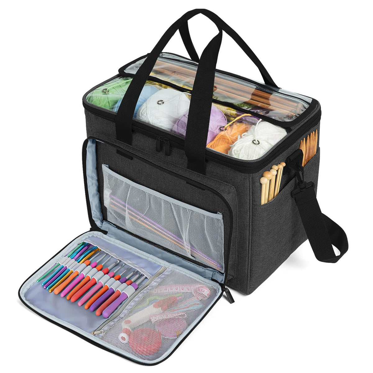 Teamoy Knitting Bag, Yarn Storage Organizer Crochet Bag Tote, Black