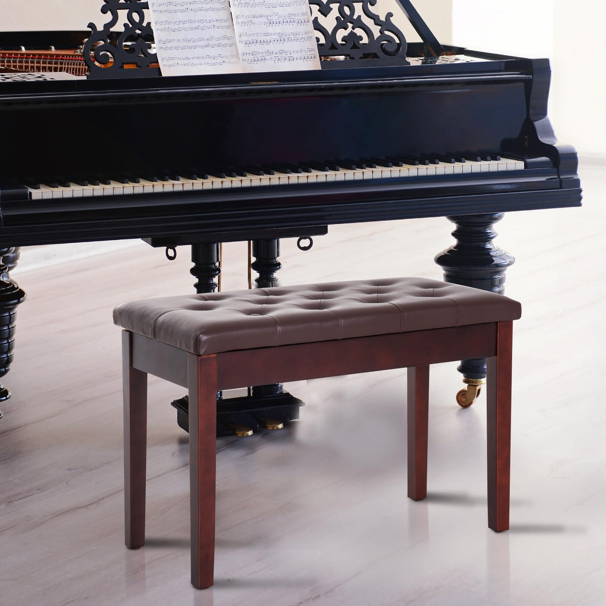 HOMCOM Piano Bench with Faux Leather Padded Cushion, Chestnut Brown