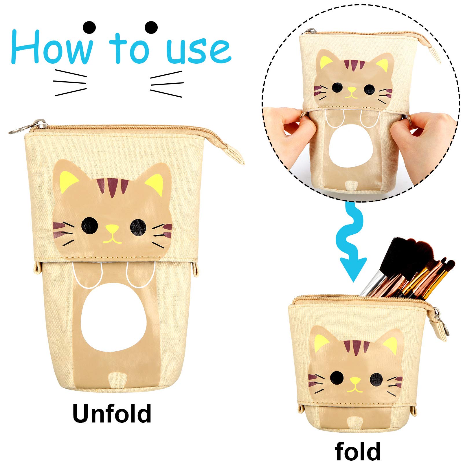 Zonon 4 Pieces Standing Pencil Case Cat Print Telescopic Pencil Case Stand up Pen Holder Canvas PU