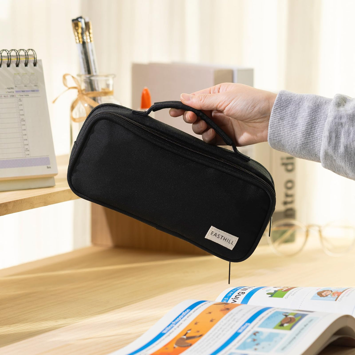 EASTHILL Large Capacity Pencil Case Pen Pouch Organizer Canvas Pencil Bag with Handle School