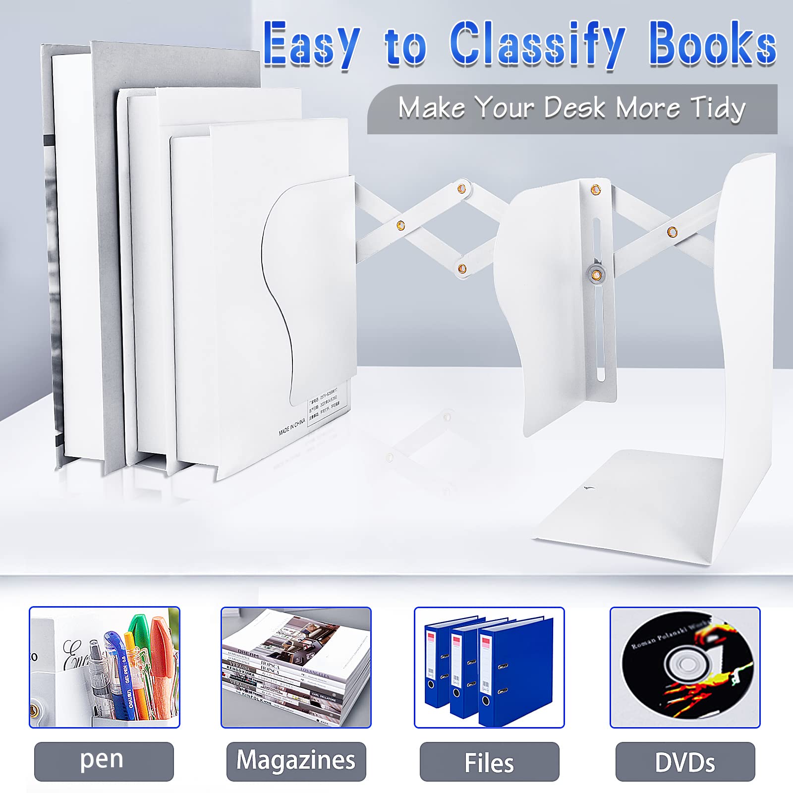 Heavy Duty Book Ends to Hold Books with Pen Holder, Adjustable Bookends, Metal Book Ends for