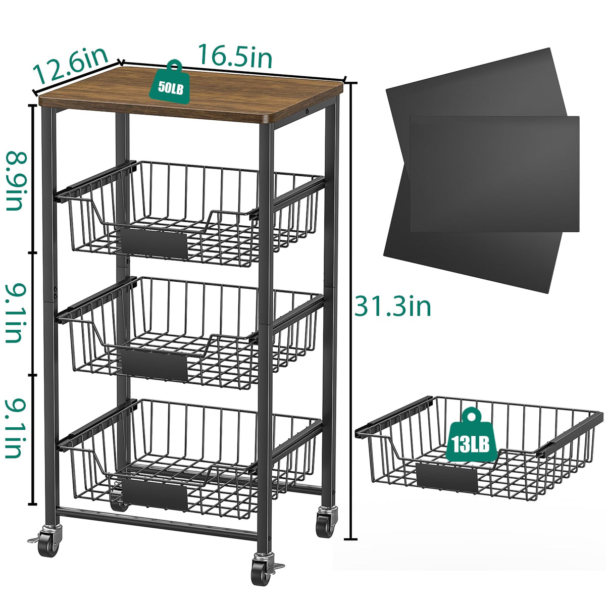 XYZLVSI 4 Tier Rolling Kitchen Cart Fruit Vegetable Storage Basket Rack