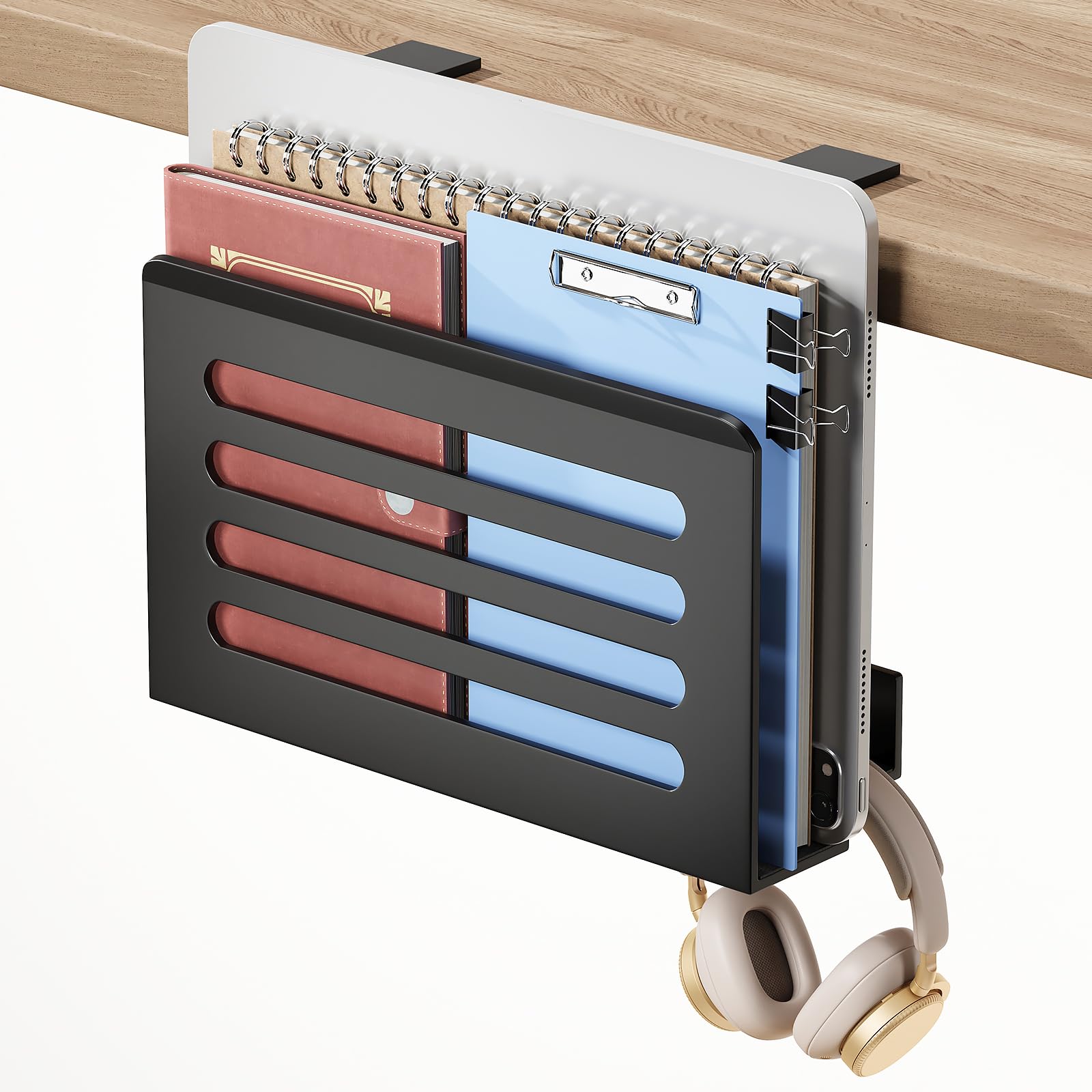 ROLIZOE Space Saving Desk Side Storage No Drilling Under Desk Laptop Holder with Headphone Holder