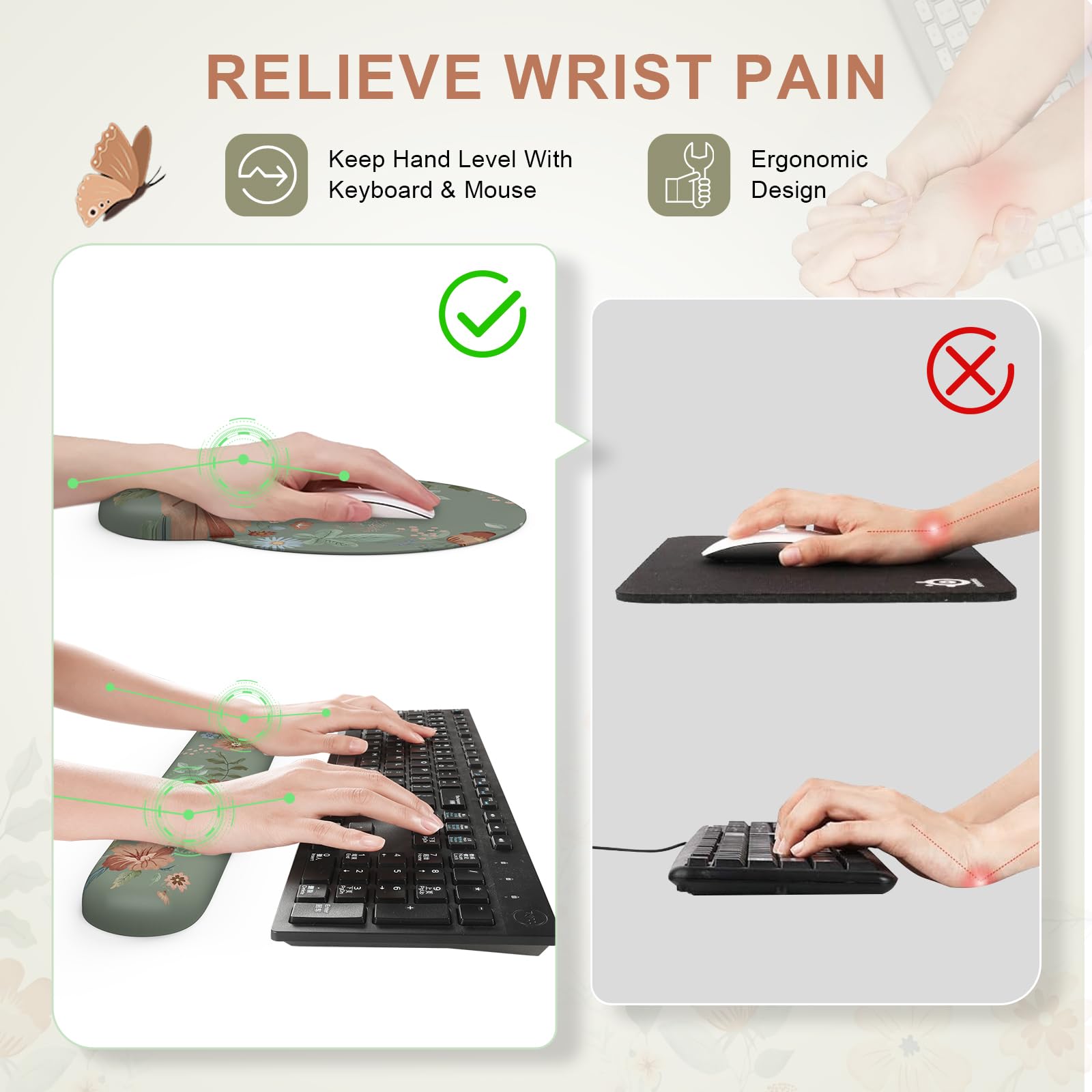 iLeadon Mouse Pad Set and Keyboard Wrist Rest, Floral Scalloped Desk Mat