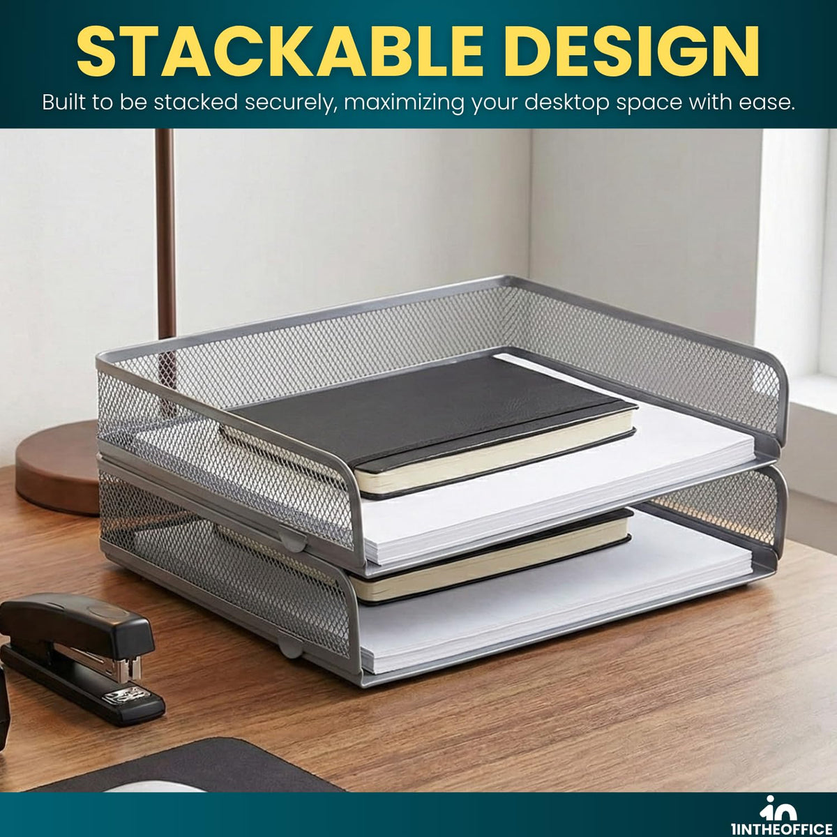 1InTheOffice Desk Tray, Letter Tray, Stackable, Side Load, Silver Mesh, 2 Pack