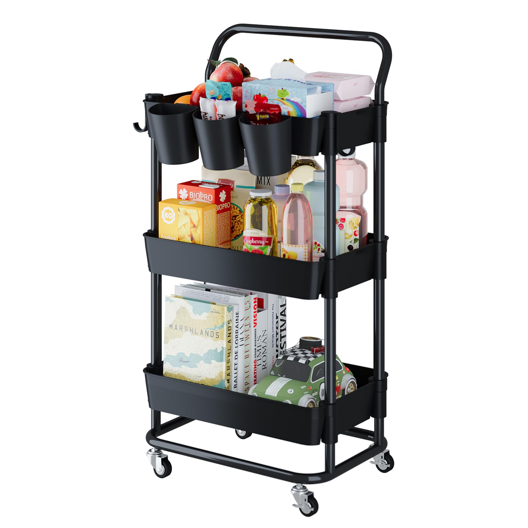 Buzowruil 3-Tier Rolling Utility Cart, Storage Cart with Handle Multi-Purpose and Locking