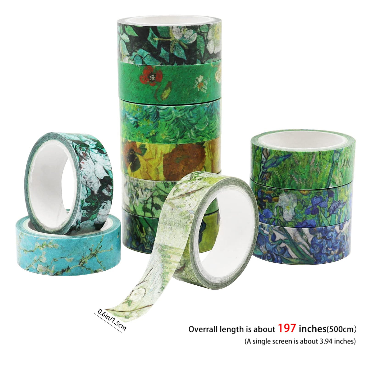 Berkin Arts 12 Rolls Art Floral Designs Washi Tape Set - 15 mm Wide Decorative Adhesive Masking