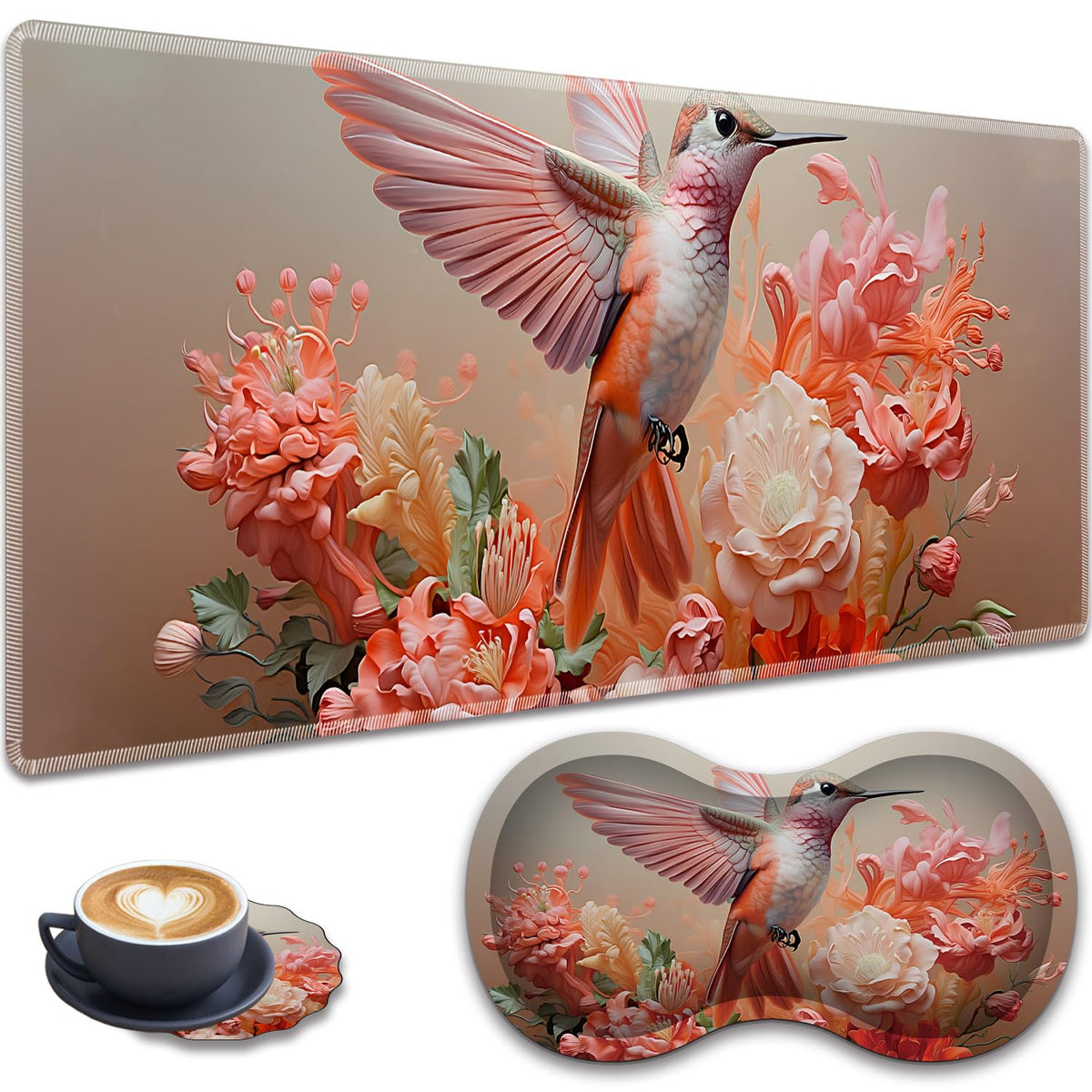 HTTYYTRYT 3-Piece Hummingbird Pink Mouse Pad Set, Including Wrist Support Pad and Cup Holder, with