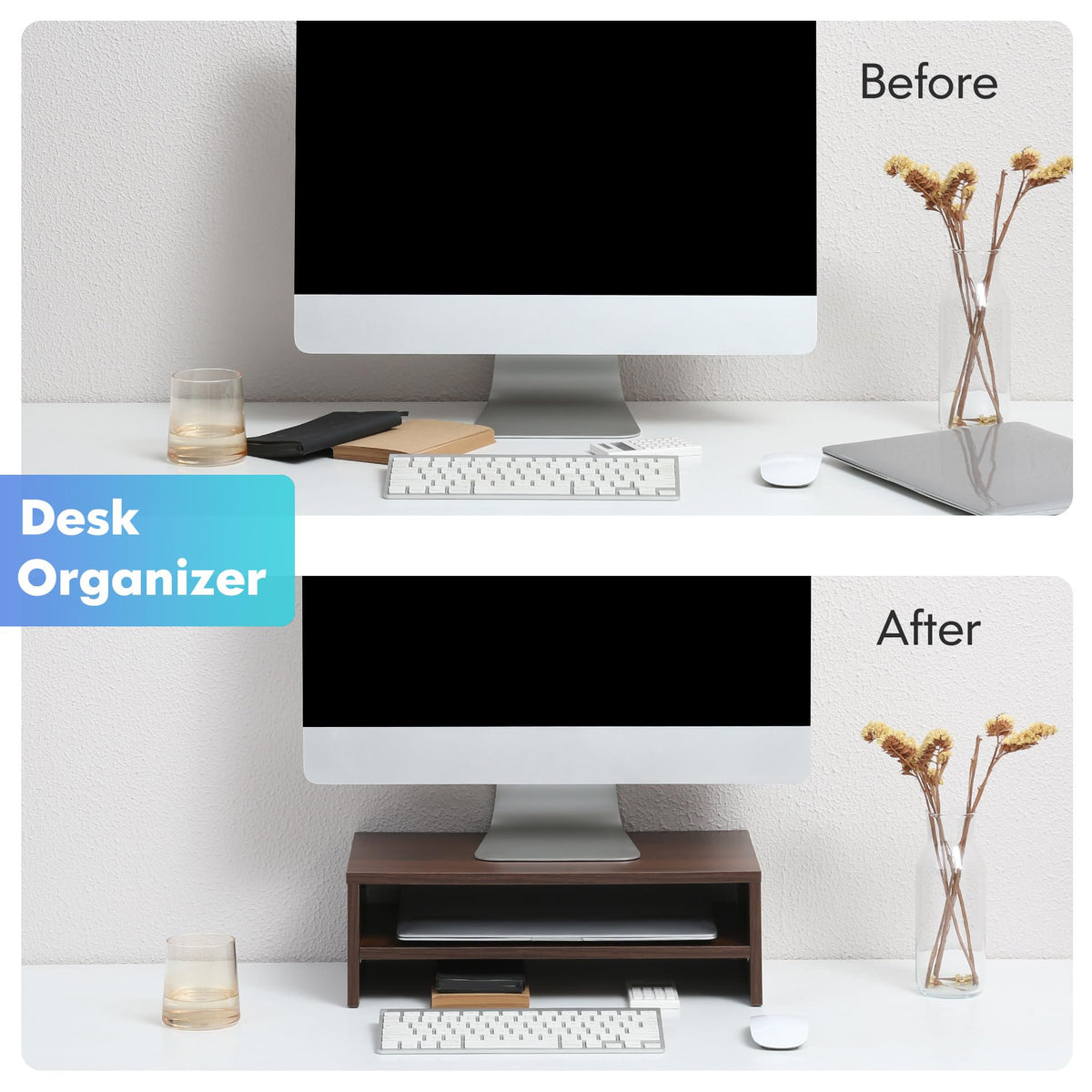 FITUEYES Wooden Monitor Stand Riser, 2-Tier Desk Storage Shelf, Brown