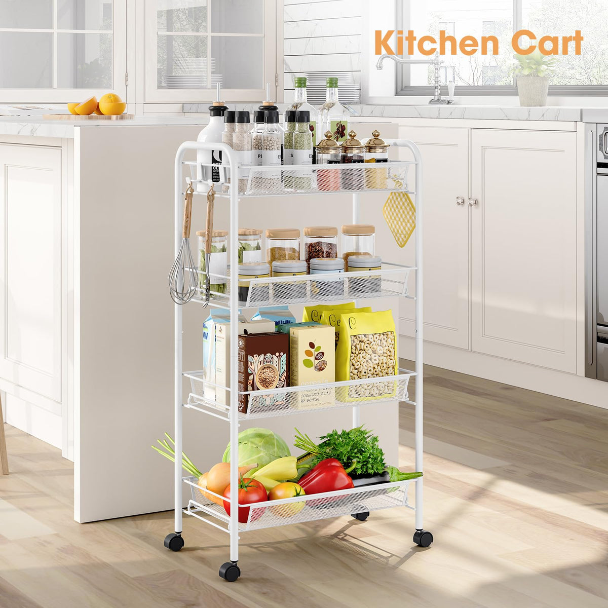 TOOLF 4 Tier Rolling Cart, Metal Utility Storage Cart with Wheels, White
