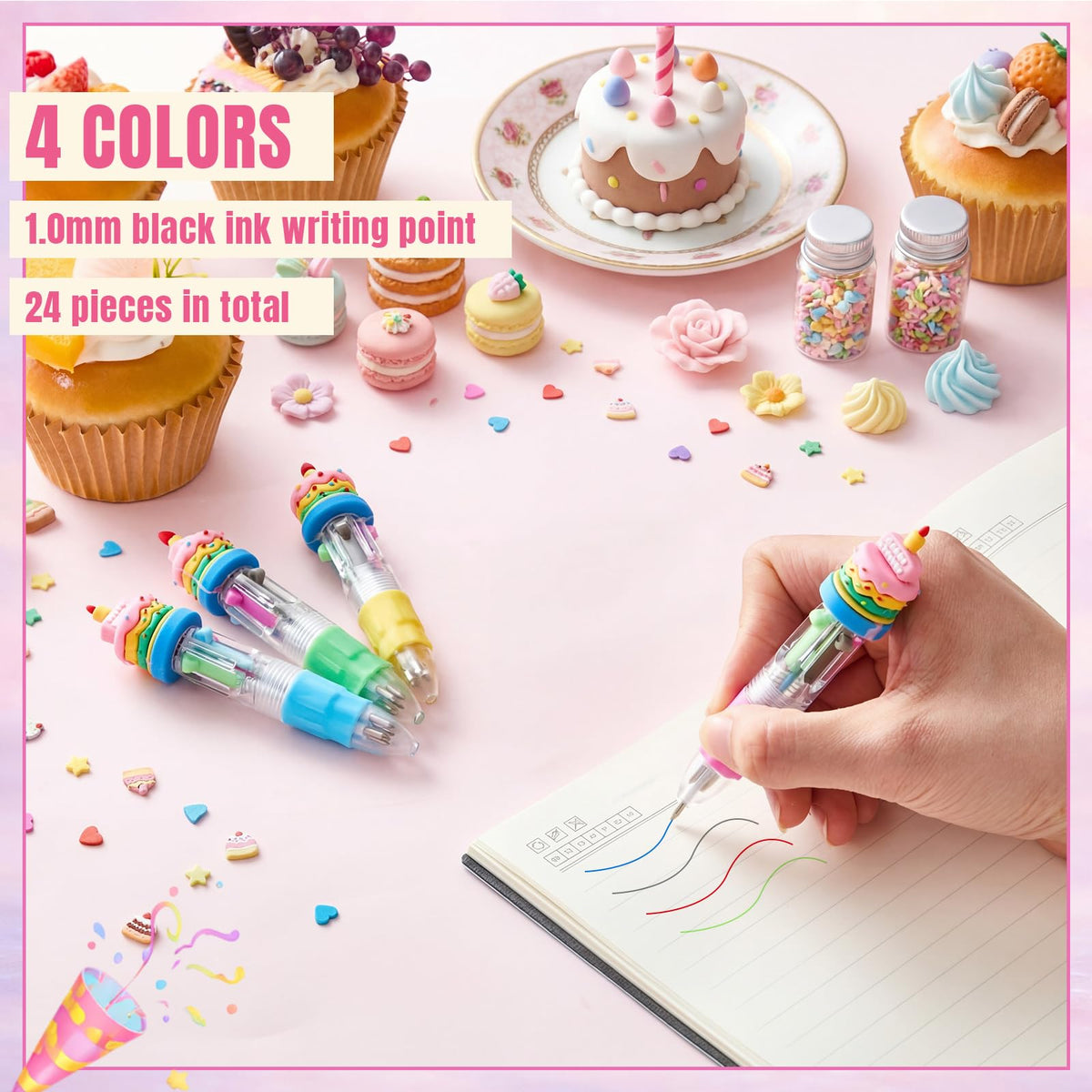Kosiz24 Pack Happy Birthday Gifts Multicolor 4 in 1 0.5mm Ballpoint Pens