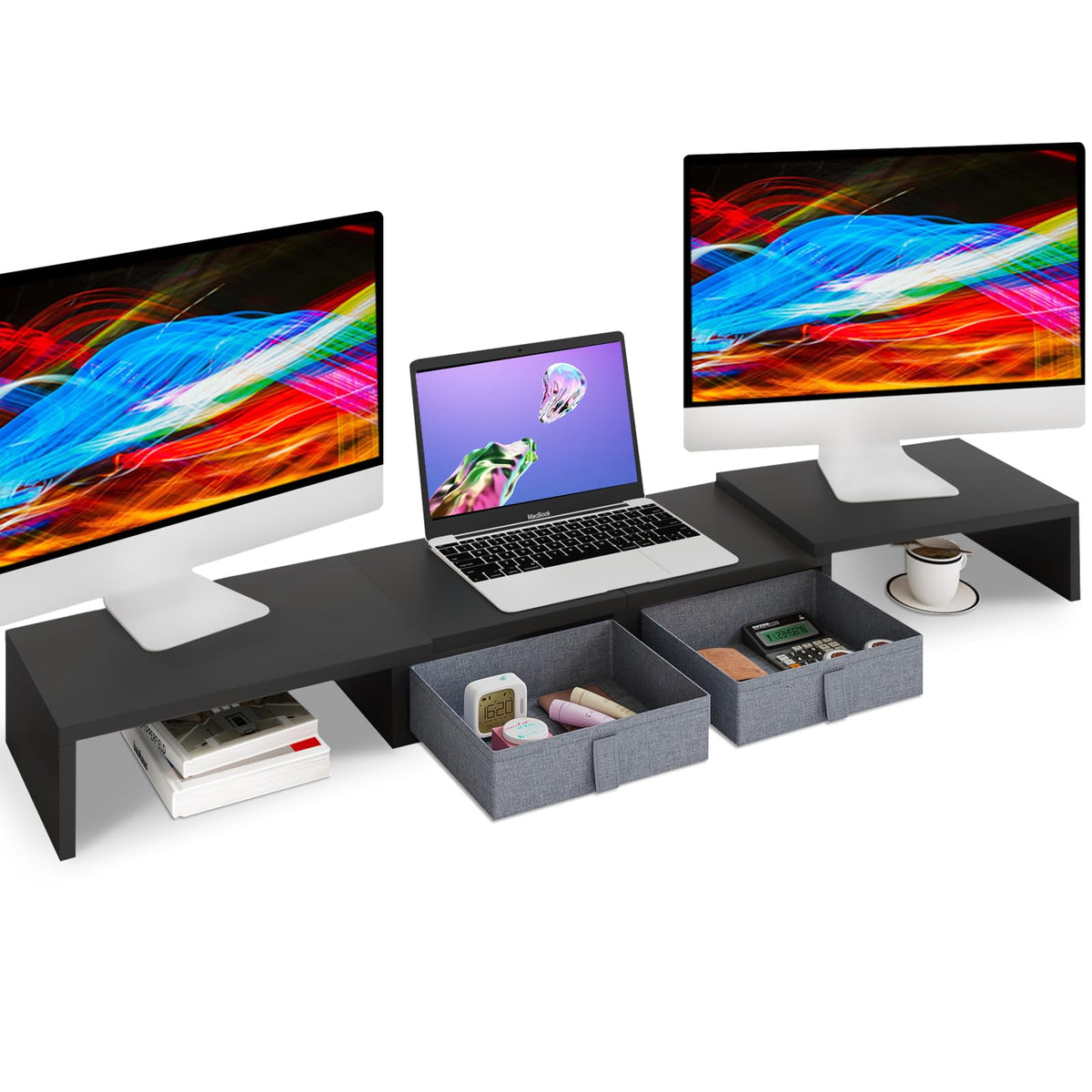 TEAMIX Wood Dual Monitor Stand Riser with Drawers-Length and Angle Adjustable Triple Monitor Stand