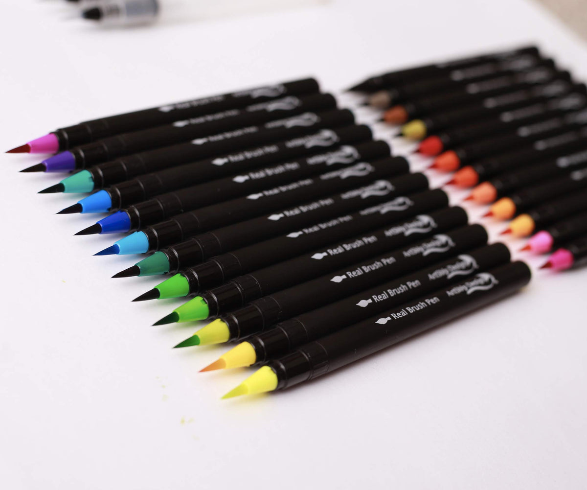 30 Watercolor Brush Pens Combo Pack, 28 Colors 2 Water Brushes, Flexible Real Nylon Brush Tips, for