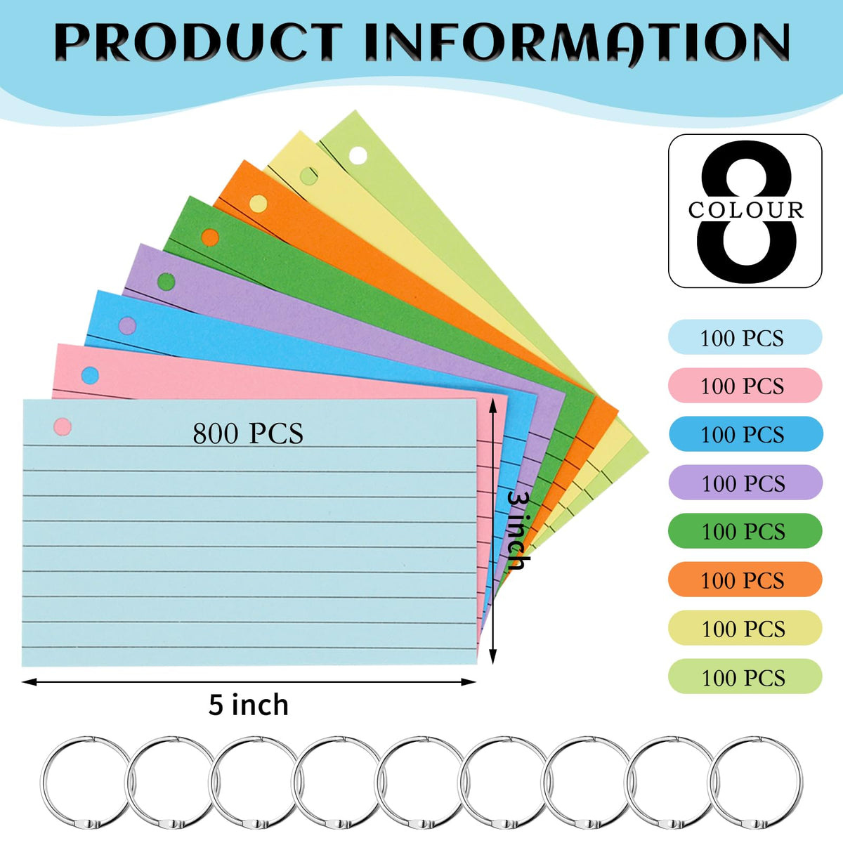 800 PCS Index Cards 3x5 Inches Colored Flash Cards with Ring, Punched Lined Flashcards Ruled Index