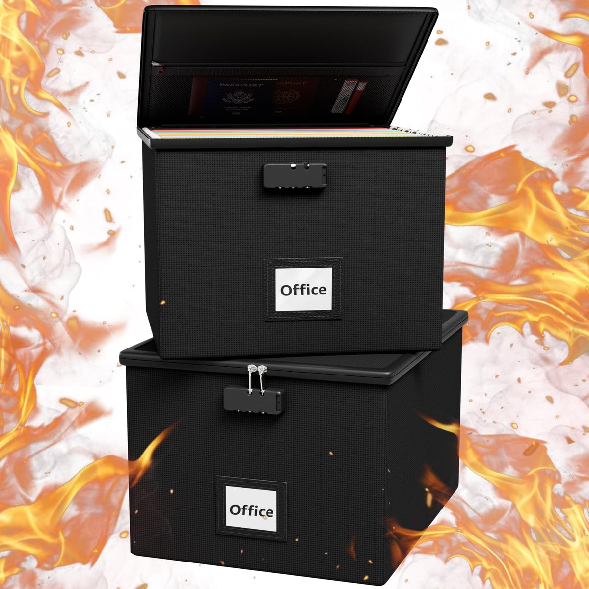 2 Pack Fireproof Document Box File Organizer - Portable Waterproof Fire Safe Locking Filing Storage