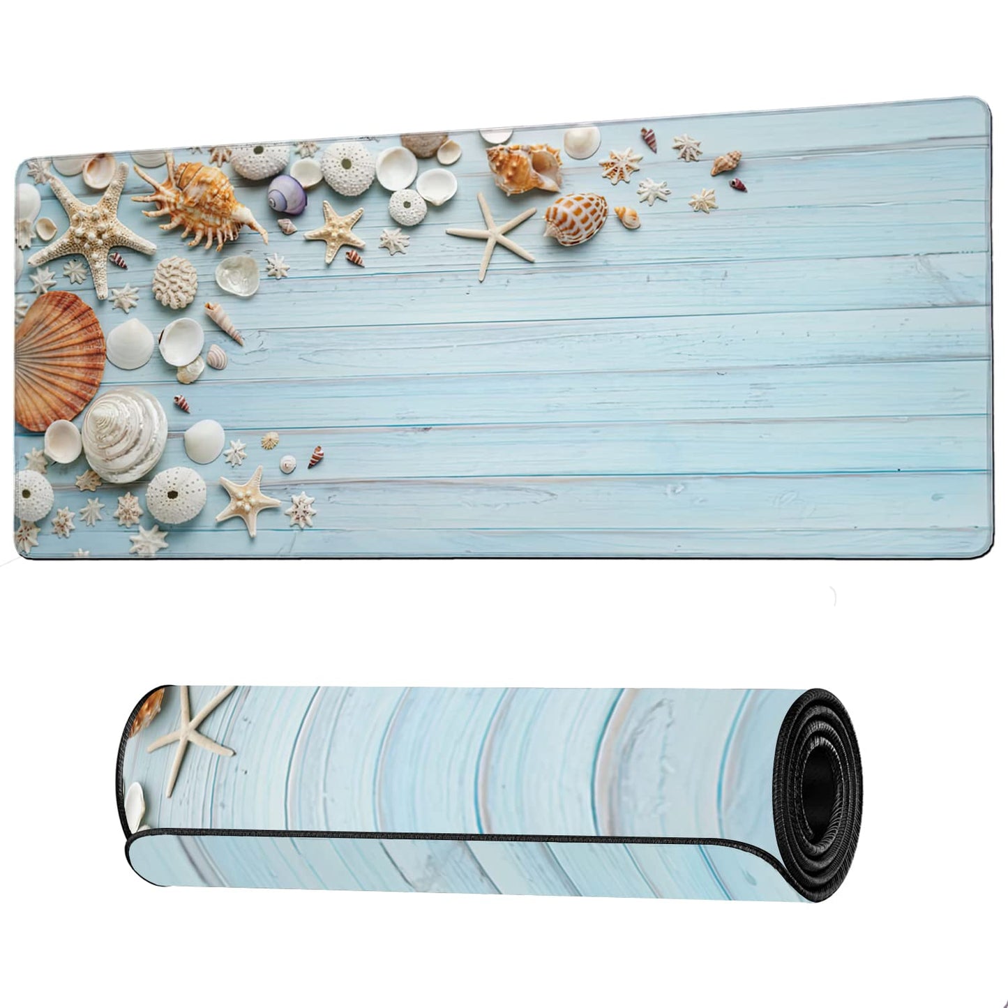 Shells on Blue Wood Large Mouse Pad Extended Gaming Mouse Pad Waterproof Desk Mat with Stitched
