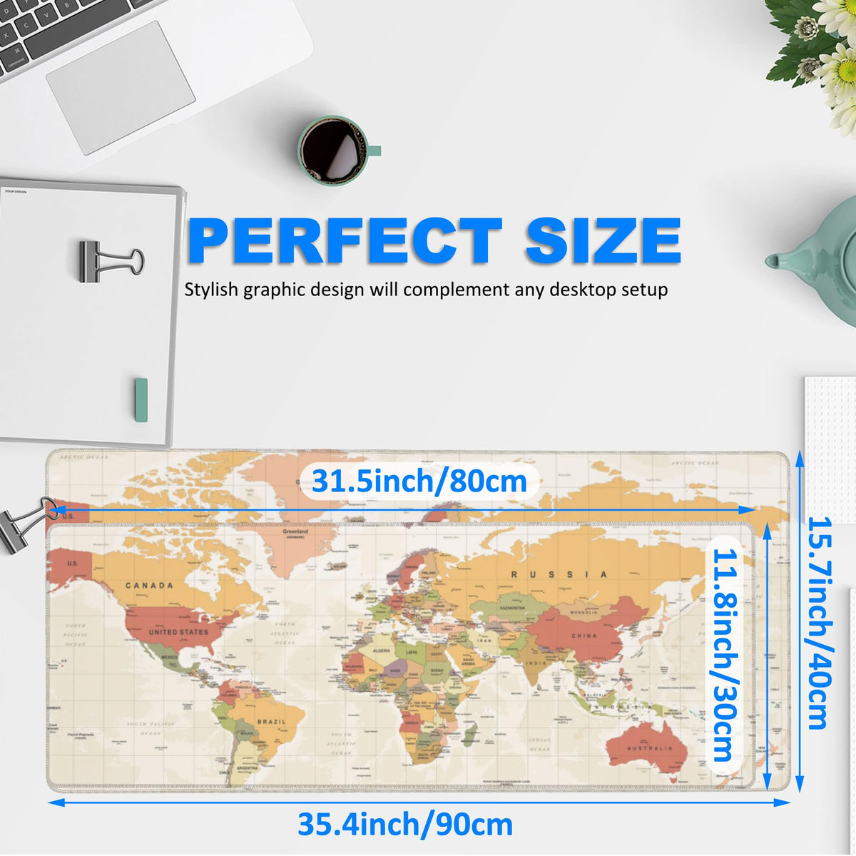 Desk Mat, Yellow Vintage World Map Extended Gaming Mouse Pad Large, 35.4"x15.7" Big Mouse Pad with