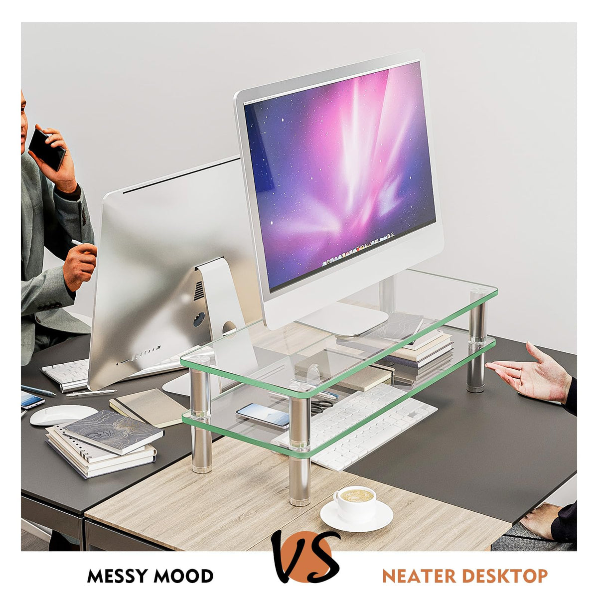 2 Pack Computer Monitor Riser with Height Adjustable Multi Media Desktop Stand for Flat Screen LCD