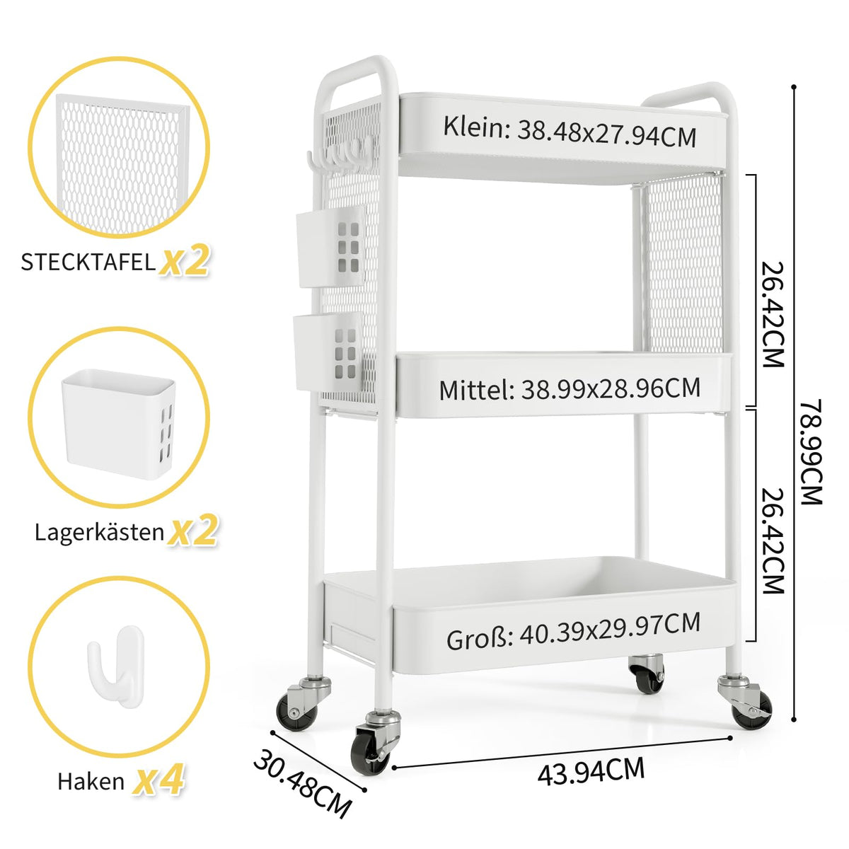 Urackify 3 Tier Storage Trolley on Wheels, White