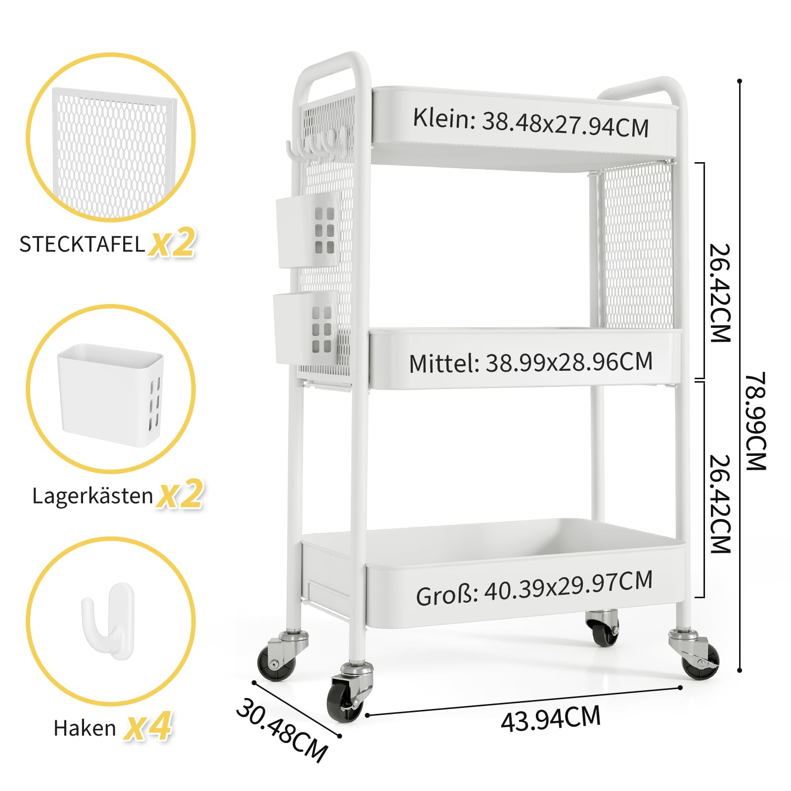 Urackify 3 Tier Storage Trolley on Wheels, White