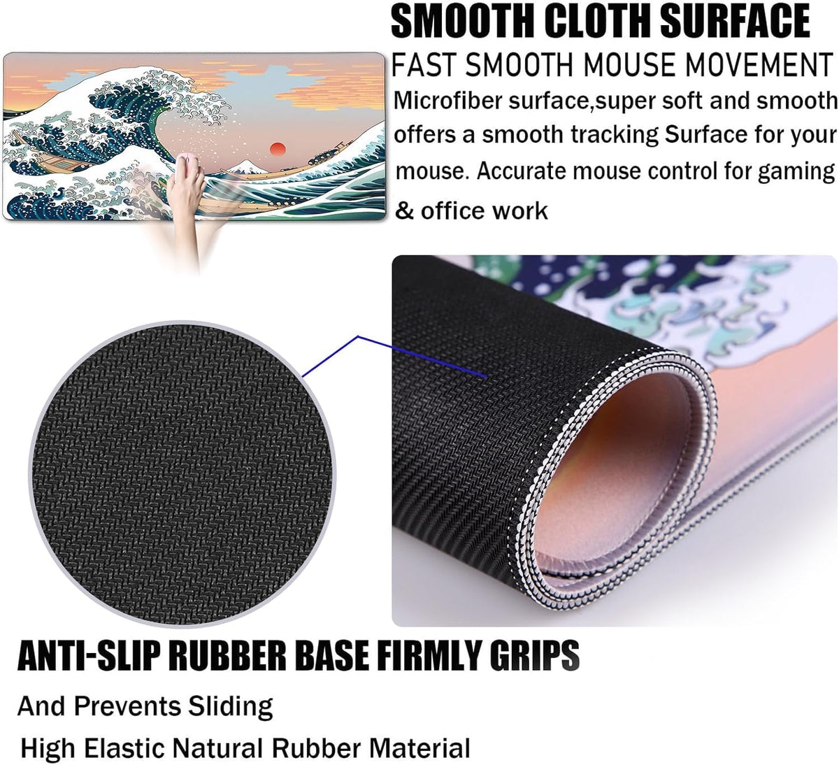 Japanese Large Gaming Mouse Pad with Extended Stitched Edges, 35.4x15.7In Durable Non-Slip Natural