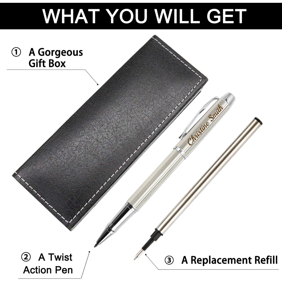 Amlion Personalized Pens Custom Engraved Pen with Name, Refillable Medium Refill, Personalized