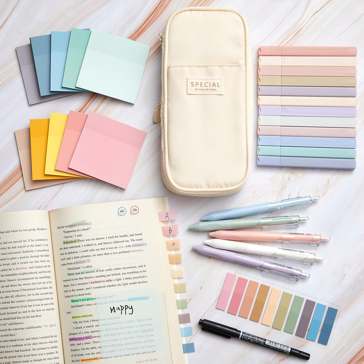 Jutom 39 Pcs Aesthetic Book Annotation Kit,Cream,Cute Style