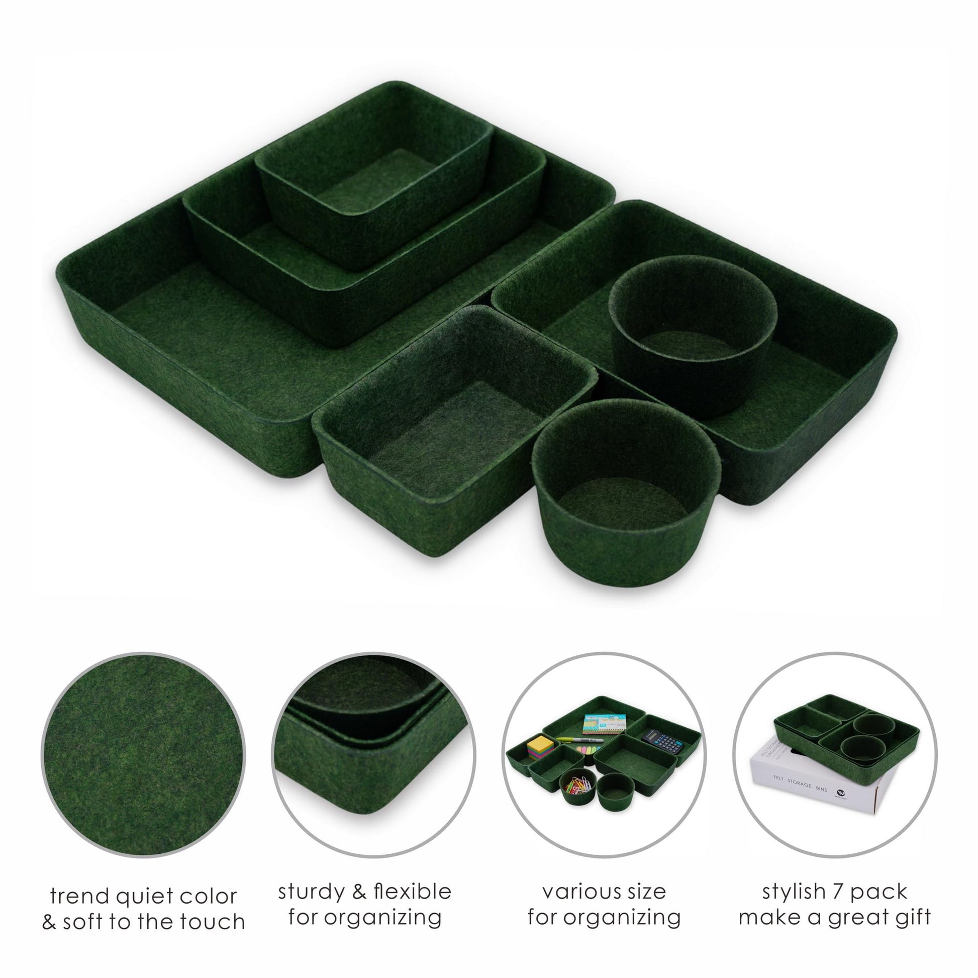 Welaxy Felt Desk Drawer Organizer Tray 7pc Storage Bin Minimal Forest Green