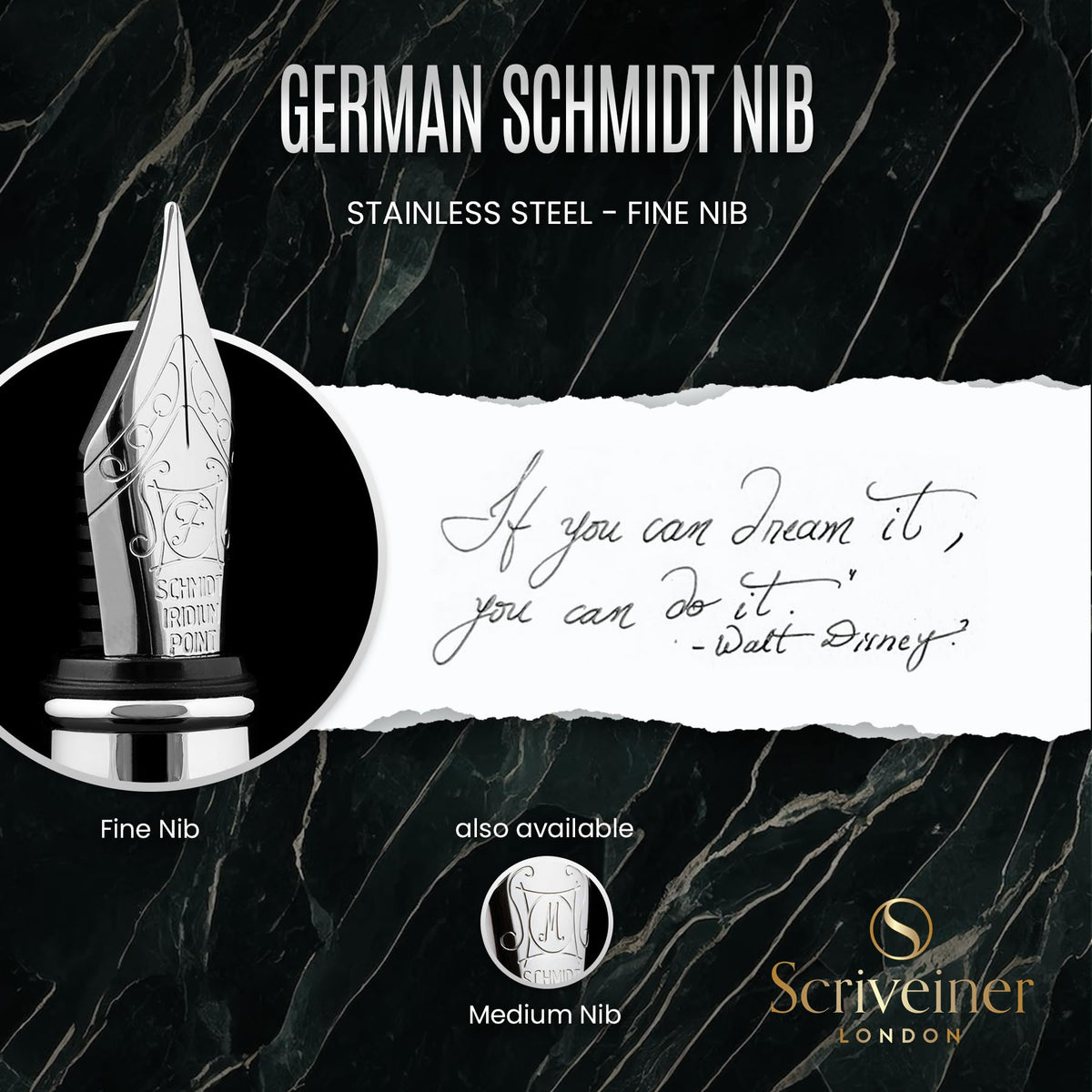 Scriveiner Black Green Fountain Pen - Stunning Luxury Pen with Chrome Finish, Schmidt Nib (Fine)