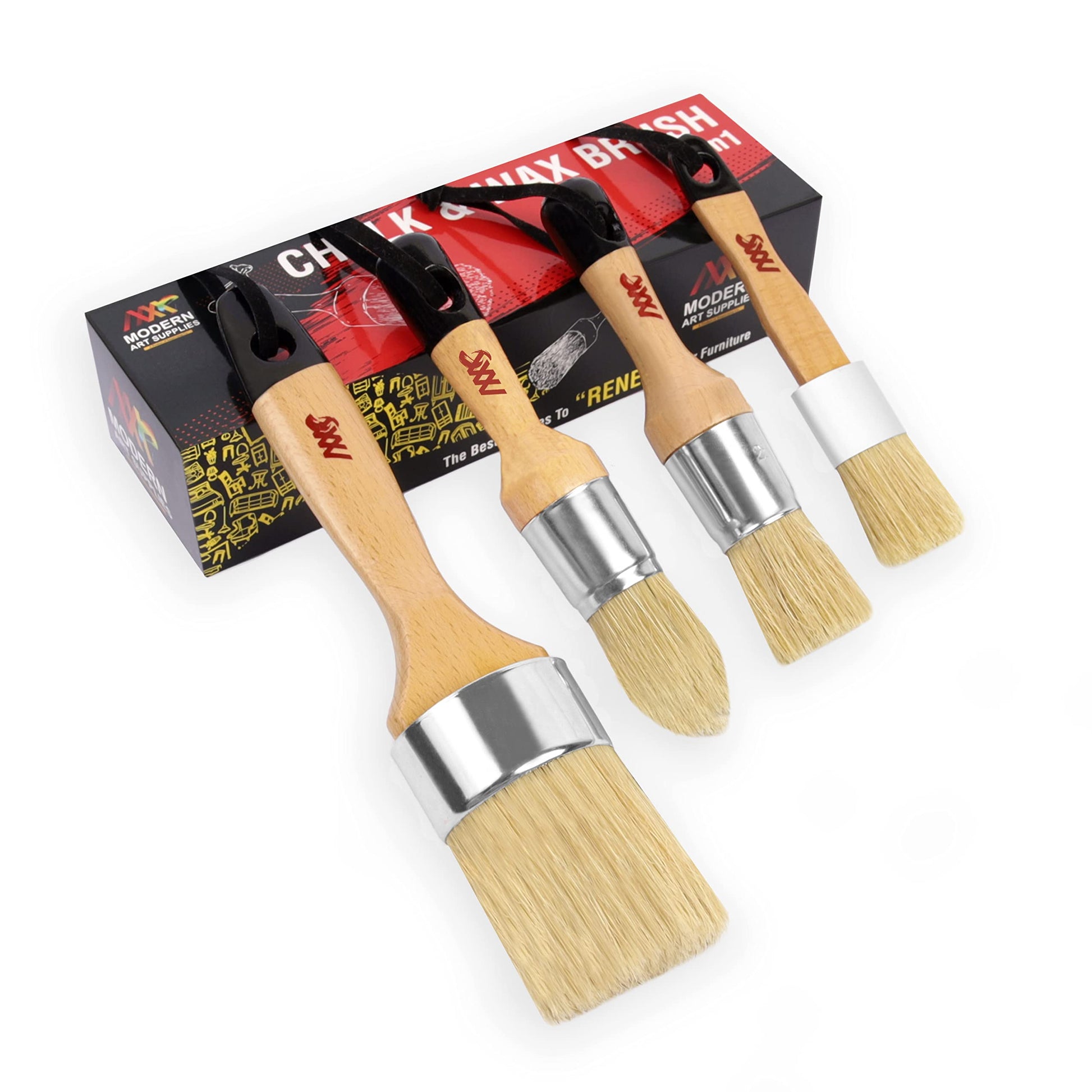 Chalk and Wax Paint Brushes, 4 Piece Set for Furniture, Natural Bristles