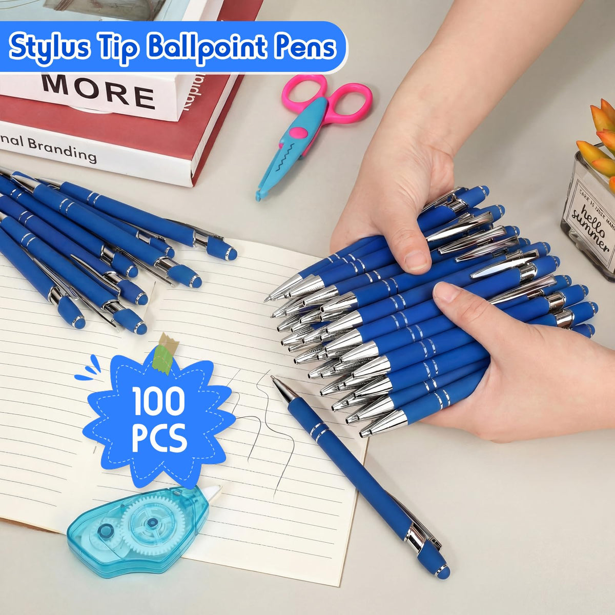 Yeaqee 100 Pieces Ballpoint Pen Bulk with Stylus Tip Click, Royal Blue