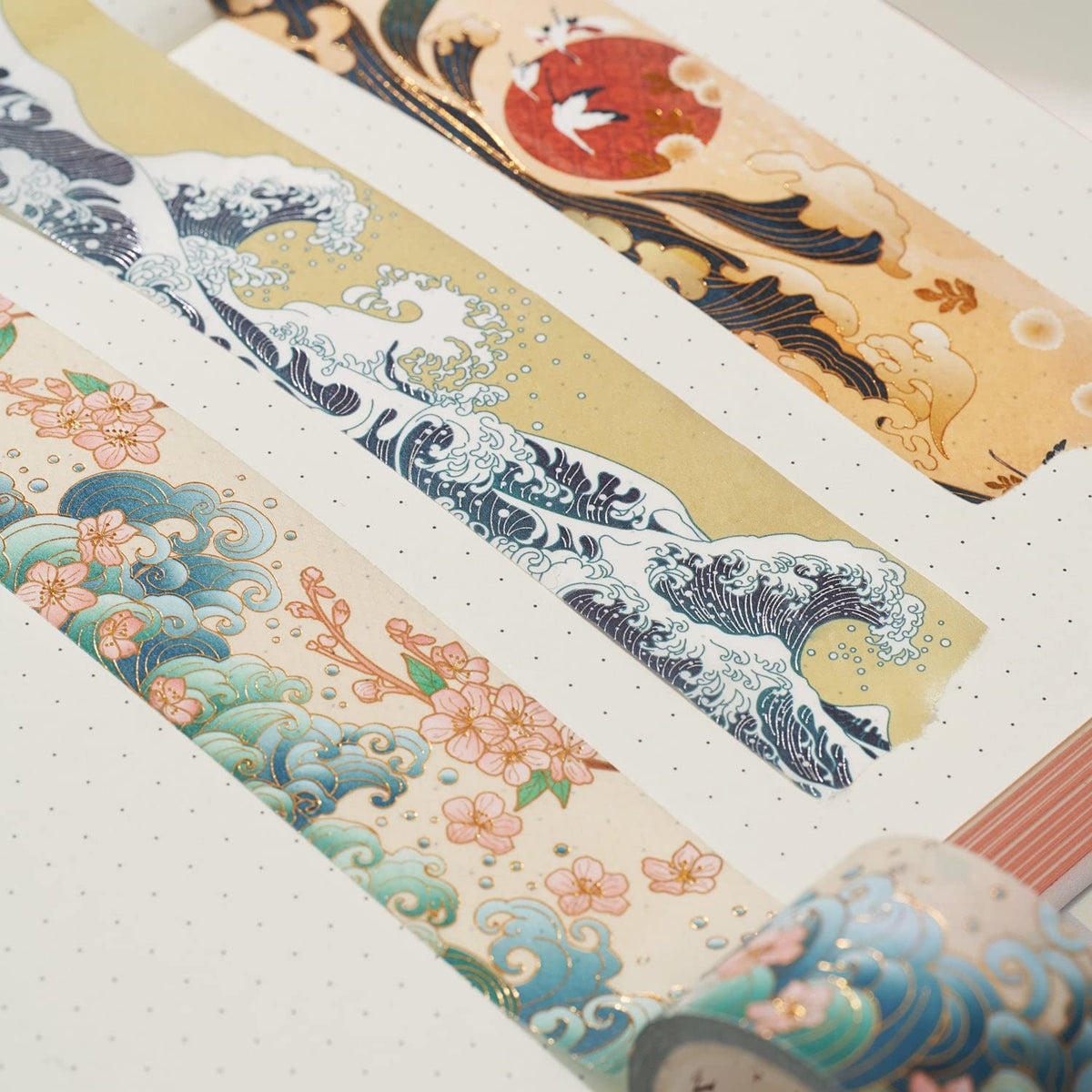 WT Waves of Rebun Washi Tape Set, 4 Rolls, Gold Foil, Decorative Masking Tape, Bujo Planner