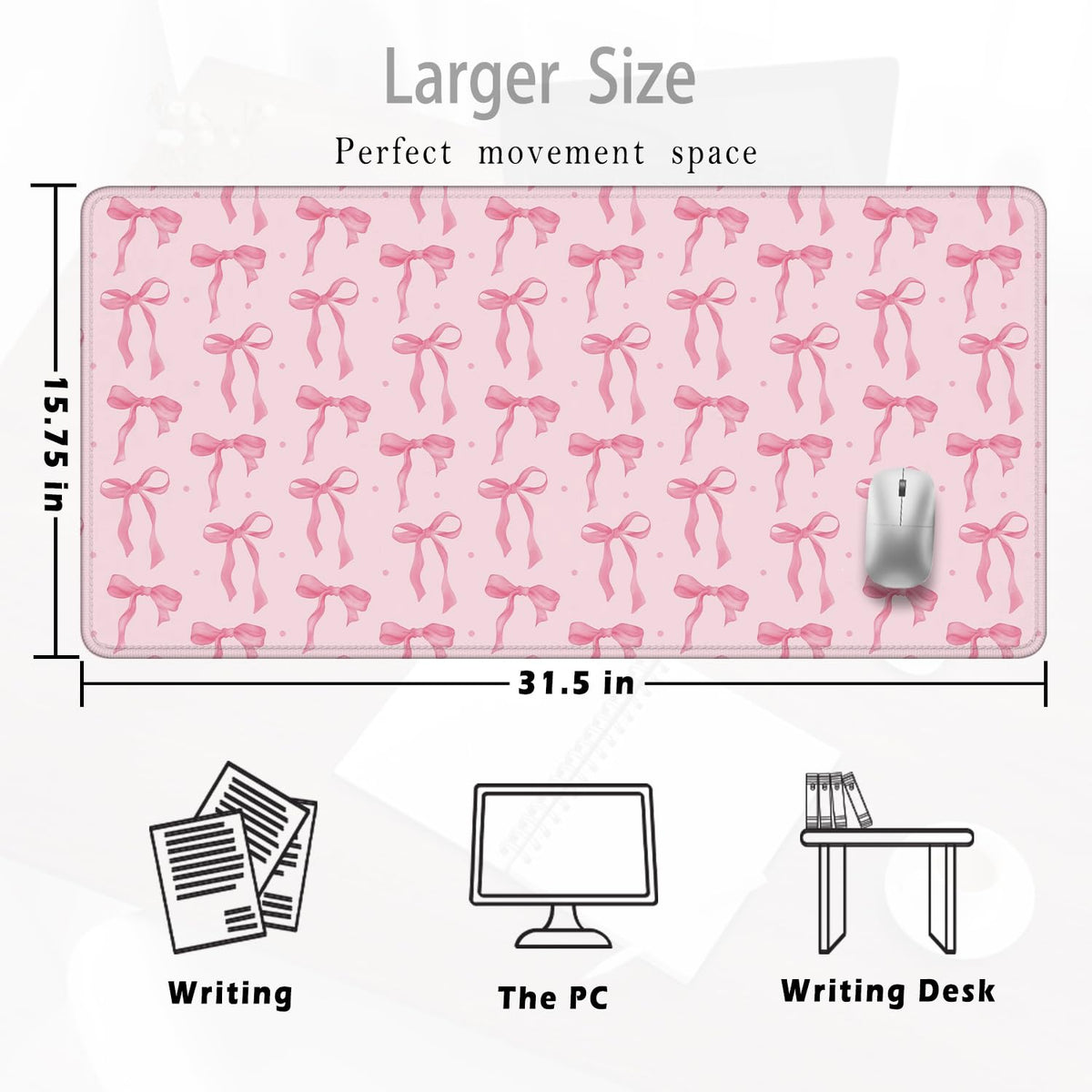 Foritho Cute Coquette Pink Bow Aesthetic Mouse Pad 31.5x15.7inch, Preppy Girly Pink Bow Mouse Pads