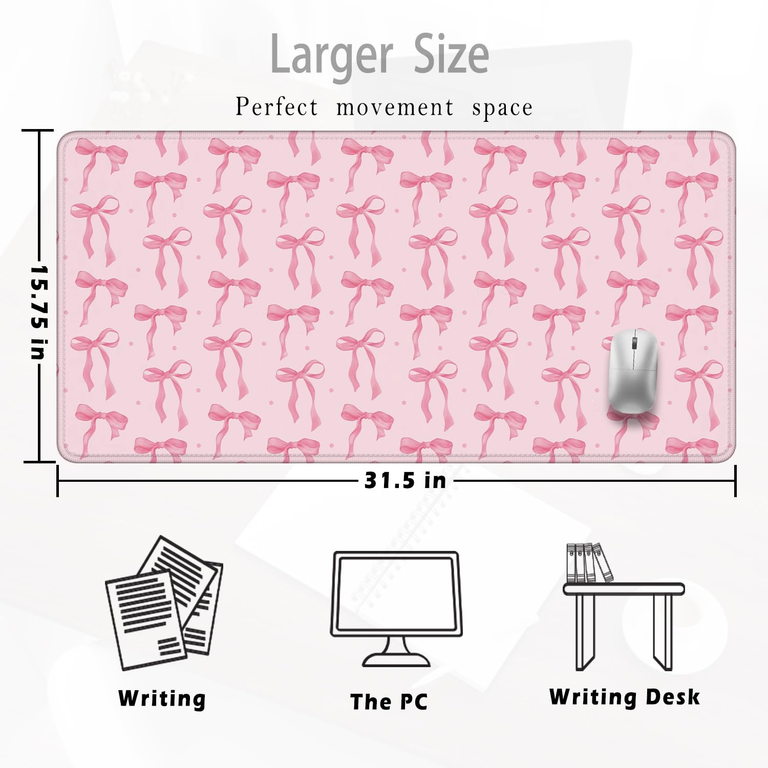 Foritho Cute Coquette Pink Bow Aesthetic Mouse Pad 31.5x15.7inch, Preppy Girly Pink Bow Mouse Pads