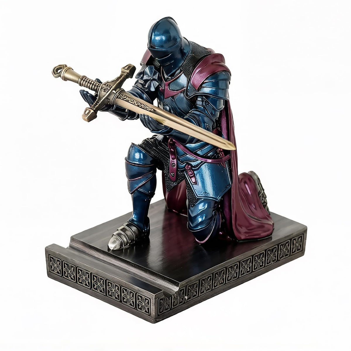 Medieval Armored Knight Pen Holder Figurine Paperweight Phone Stand Blu&Pur
