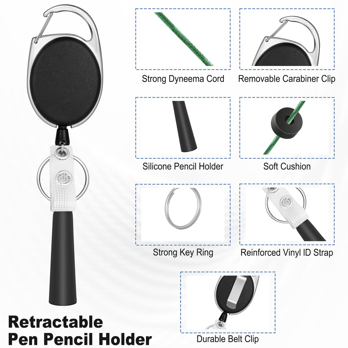 8 Pack Retractable Pen Holder with 32" Dyneema Cord, Elastic Silicone Grip