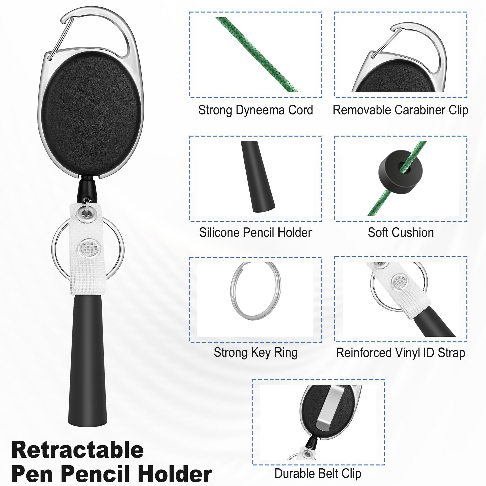 8 Pack Retractable Pen Holder with 32" Dyneema Cord, Elastic Silicone Grip